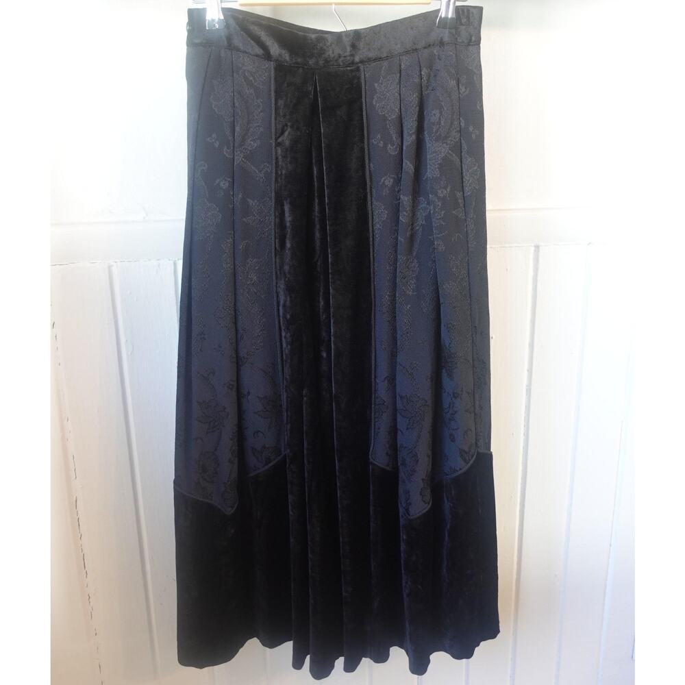 Vintage 80s Susan Bristol Skirt 4 Black Velvet Floral Pleated Maxi Evening‎ Goth